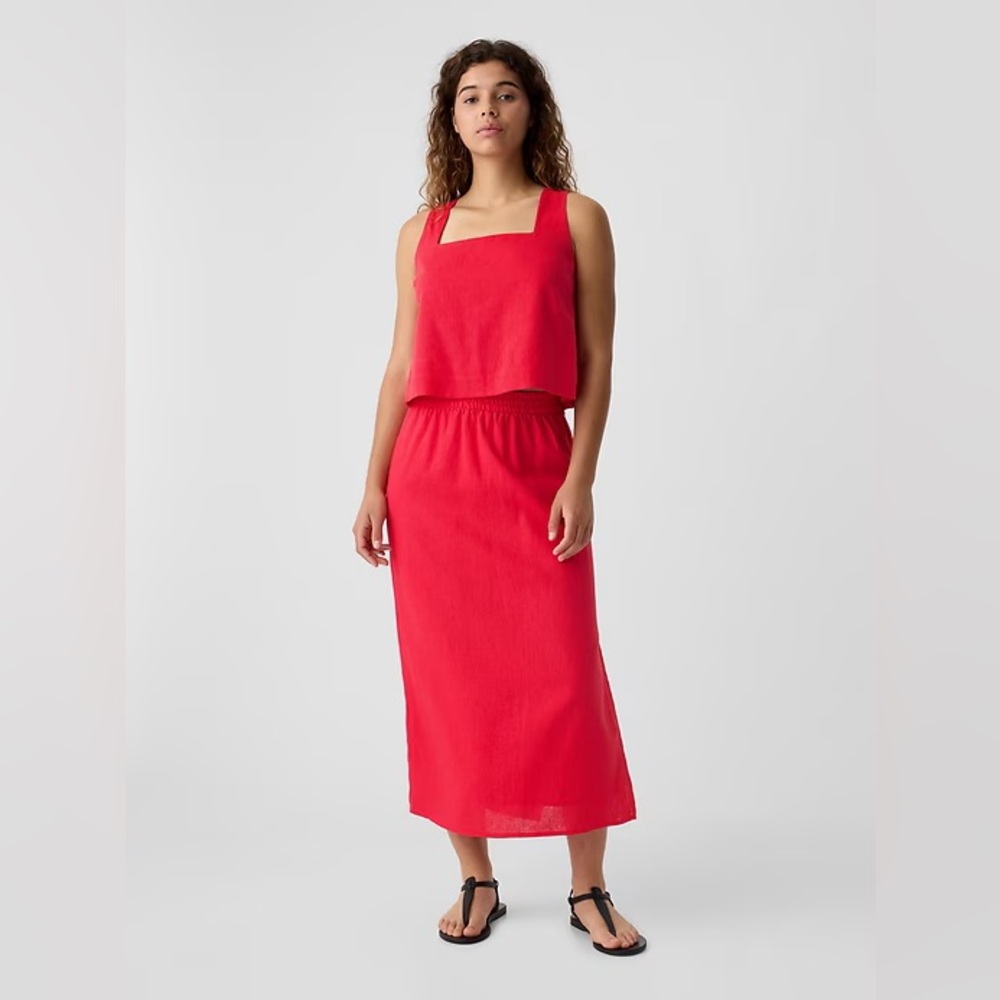 Linen blend midi slip skirt with side slit; size large; color: “slipper red”.